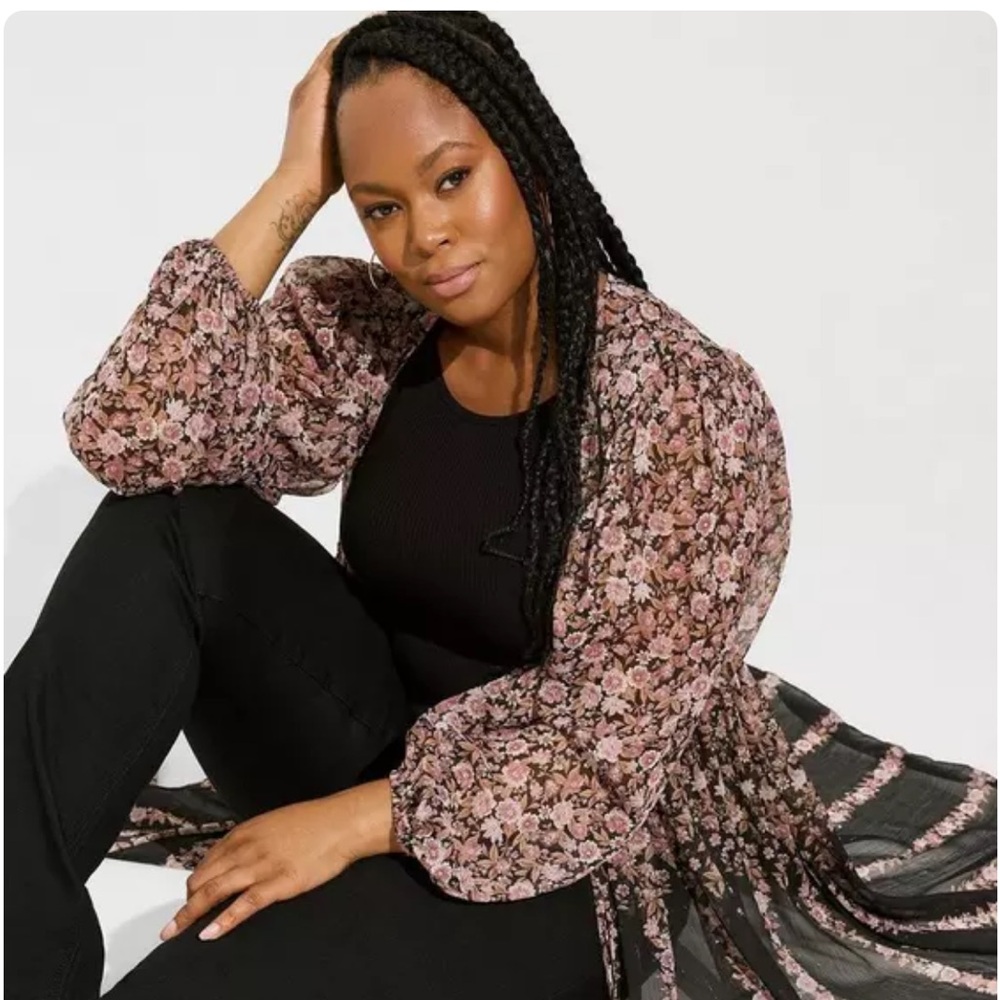 Torrid Sheer Black and Pink Floral Tunic